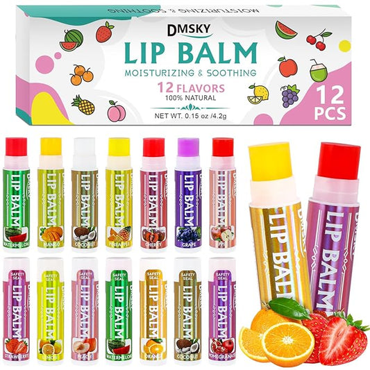 Dmsky Lip Balm 12 Pack, Colorful Lip Balm Bulk with Vitamin E and Coconut Oi, Hydrating Moisturizing Lip Balm Set for Men Women- 12 Flavors-Velvo Beauty