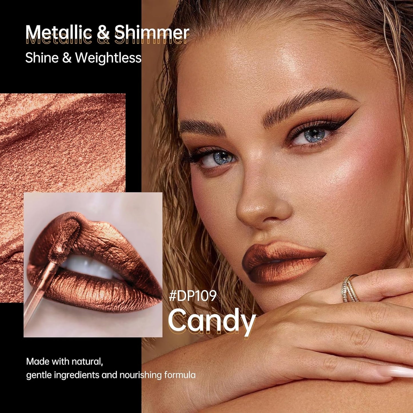 Chocolate Lipsticks for Women Metallic Lipstick Long Lasting Non Stick Cup Lip Gloss, Shimmer Lightweight Hydrating Full Coverage Lip Color, DP109 Candy-Velvo Beauty