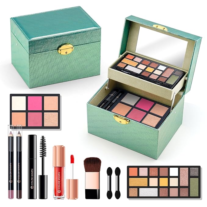 Color Nymph Beginner Makeup Kit For Teens, Girls Makeup kits With Recyclable And Key-Lockable Cabinet Included 17-Colors Eyeshadows Blushes Bronzer Highlighter Lipstick Brushes Mirror(Green)-Velvo Beauty
