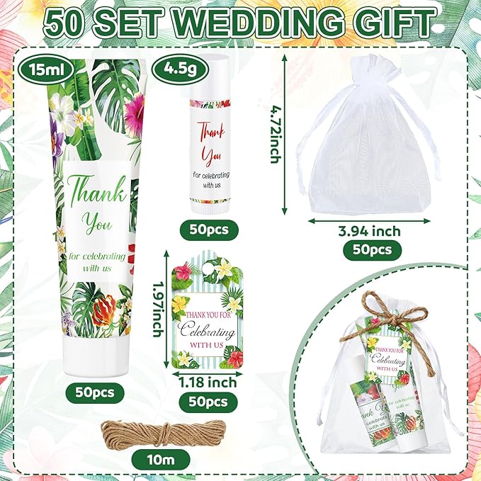 200 Pcs Baby Shower Wedding Party Favors Gift Set, 50 Pcs Baby Shower Hand Cream and 50 Lip Balm for Wedding Bridesmaid Guests Gift Supplies with 50 Organza Bag 50 Thank You Tag(Tropical)-Velvo Beauty