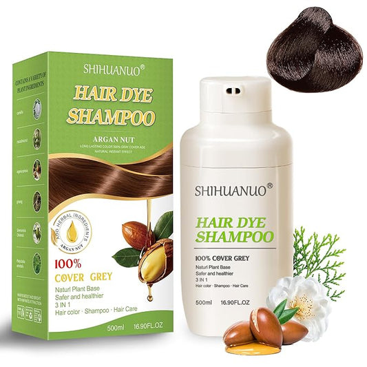 Hair Dye Shampoo 3 in 1 for Gray Hair Coverage,Argan nut Natural Shampoo Hair Dye for Women & Men/Ammonia-Free 500ml(Dark Brown)-Velvo Beauty
