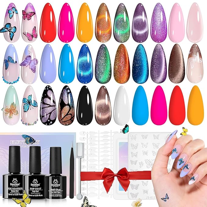 Beetles Cat Eye Gel Nail Polish Set, 15 Colors Gel Polish Nail Kit, Orange Glitter Purple White Blue Sparkle Uv Gel with Base & Top Coat & 3D Silicone Mold Nail Art for Decoration-Velvo Beauty
