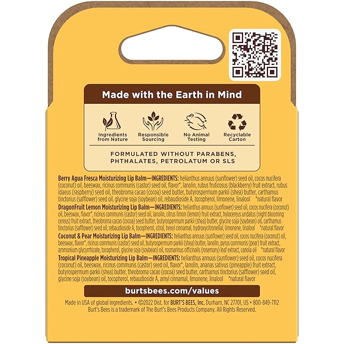 Burt's Bees Lip Balm - Berry Agua Fresca, Dragonfruit Lemon, Coconut & Pear, Tropical Pineapple Pack, With Beeswax, Tint-Free, Natural Origin Lip Treatment, 4 Tubes, 0.15 oz.-Velvo Beauty