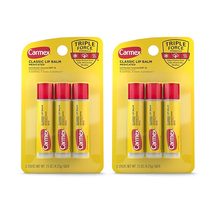 Carmex Medicated Lip Balm Sticks, Lip Moisturizer for Dry, Chapped Lips, 0.15 OZ - (2 Packs of 3)-Velvo Beauty