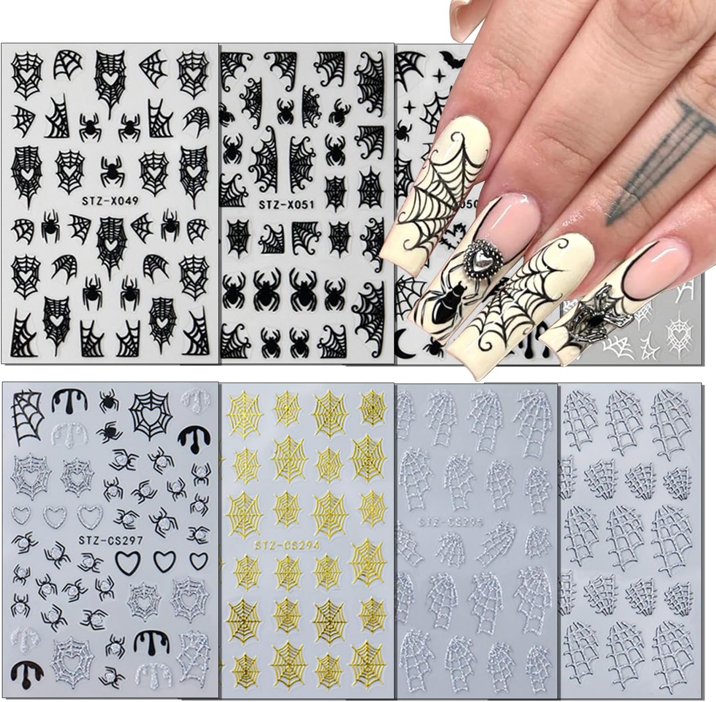 8Sheets Halloween Nail Art Stickers Spider Web Nail Stickers for Nail Art 3D Self-Adhesive Nail Decals Gold Silver Black White Glitter Spiderweb Bat Spiders Nail Design Halloween Manicure Accessories-Velvo Beauty