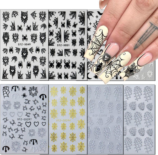 8Sheets Halloween Nail Art Stickers Spider Web Nail Stickers for Nail Art 3D Self-Adhesive Nail Decals Gold Silver Black White Glitter Spiderweb Bat Spiders Nail Design Halloween Manicure Accessories-Velvo Beauty