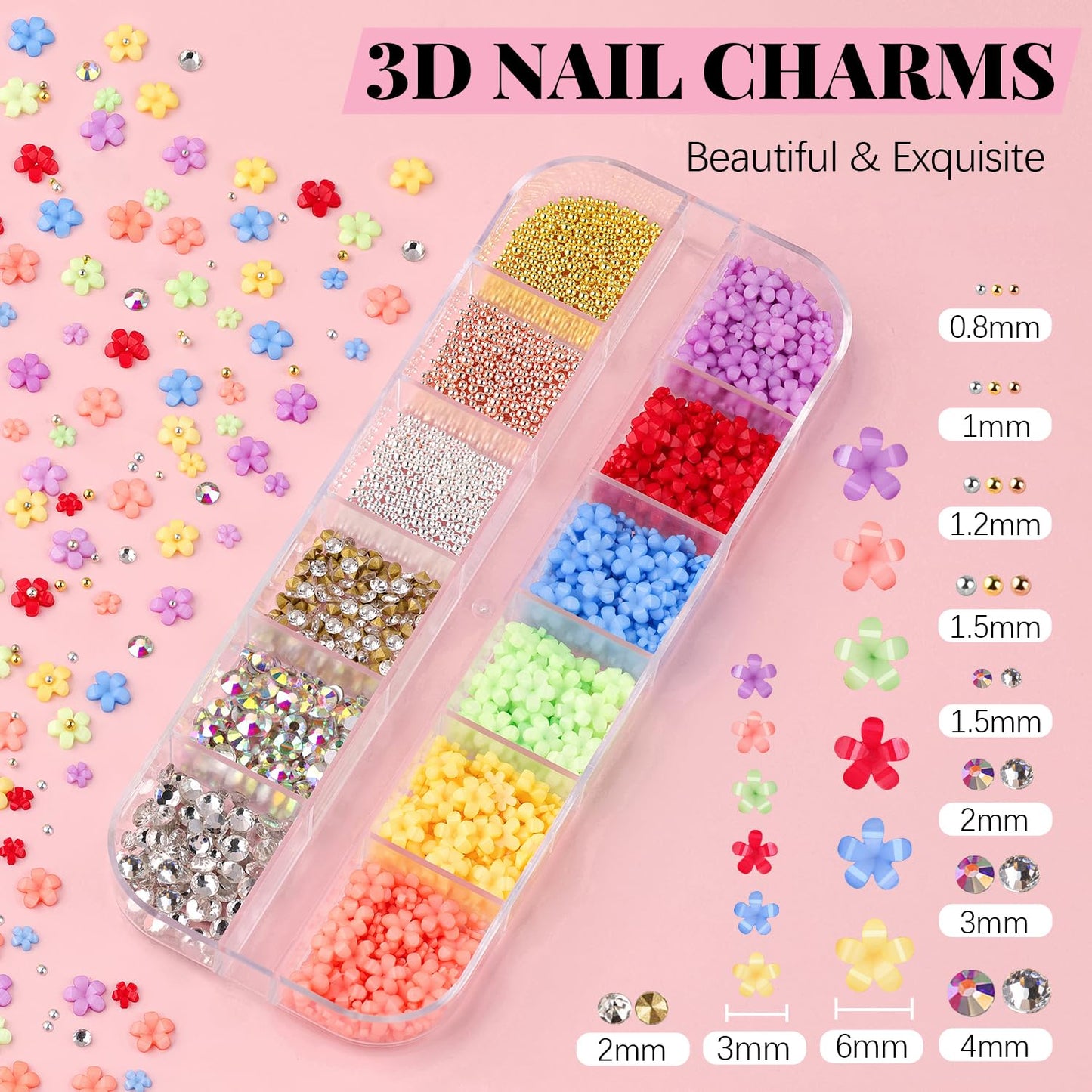 3D Flowers Manicure Gems with Nail Rhinestone Glue Gel, Colorful Acrylic Flower Nail Charms with Caviar Beads, Rhinestones and Gem Glue for Nails (UV/LED Needed) with Pickup & Dotting Tools-Velvo Beauty