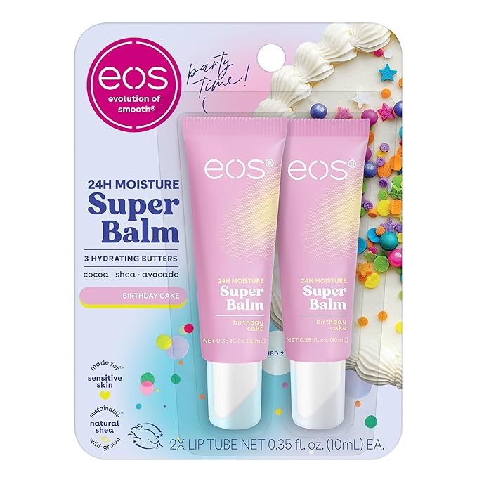 eos 24H Moisture Super Balm- Birthday Cake, Lip Mask, Day or Night Lip Treatment, Made for Sensitive Skin, 0.35 fl oz, 2-Pack-Velvo Beauty
