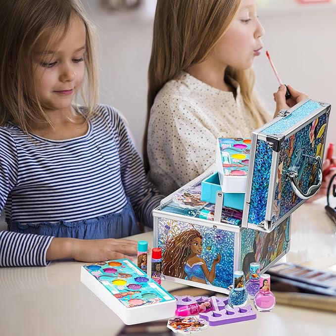 Little Mermaid Train Case Beauty Set, Kids Makeup Kit for Girls, Real Washable Toy Makeup Set, Play Makeup, Pretend Play, Party Favor, Birthday, Toys Ages 3 4 5 6 7 8 9 10 11 12-Velvo Beauty