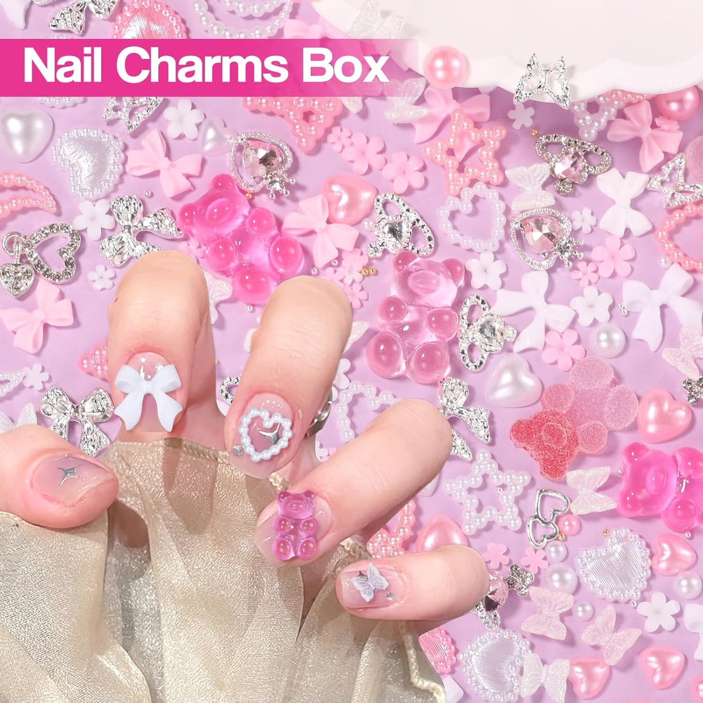 Silver Nail Gems Charms, 3D Pink Color Nail Art Charms, Acrylic Blossom Tiny Flowers Flatback Multi Styles Pearls Nail Charms Planet Heart Butterfly Nail Diamond Charms for Nails Manicure DIY Crafts-Velvo Beauty