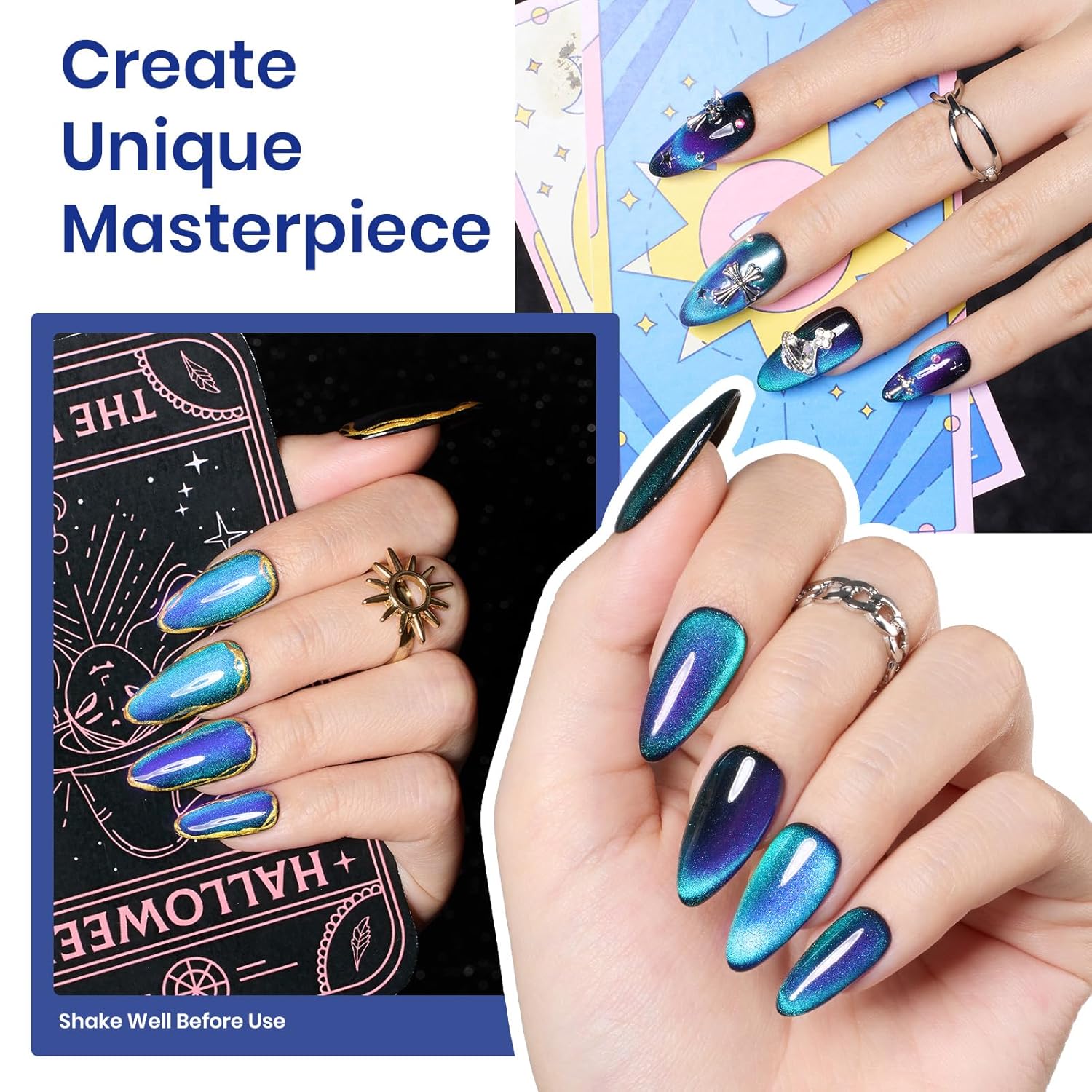 Beetles Blue Cat Eye Gel Nail Polish - 15ML Glitter Blue Chameleon Sparkle Holographic Nail Polish with Magnet Translucent Mystical Aura Gel Soak Off UV LED Nail Lamp Nail Art Manicure Salon DIY Home-Velvo Beauty