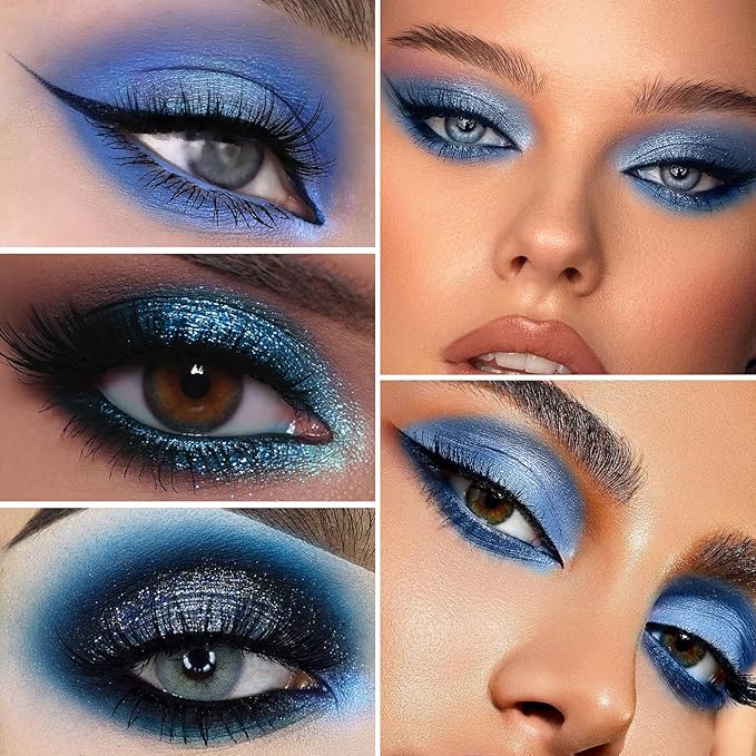 Erinde 9 Colors Dark Light Royal Cobalt Blue Pearl White Glitter Shimmer Eye Shadow Makeup Palette Highly Pigmented Waterproof Matte Glitter Shimmer Daily Party Sparkling Eyeshadow Palett for Girl-Velvo Beauty