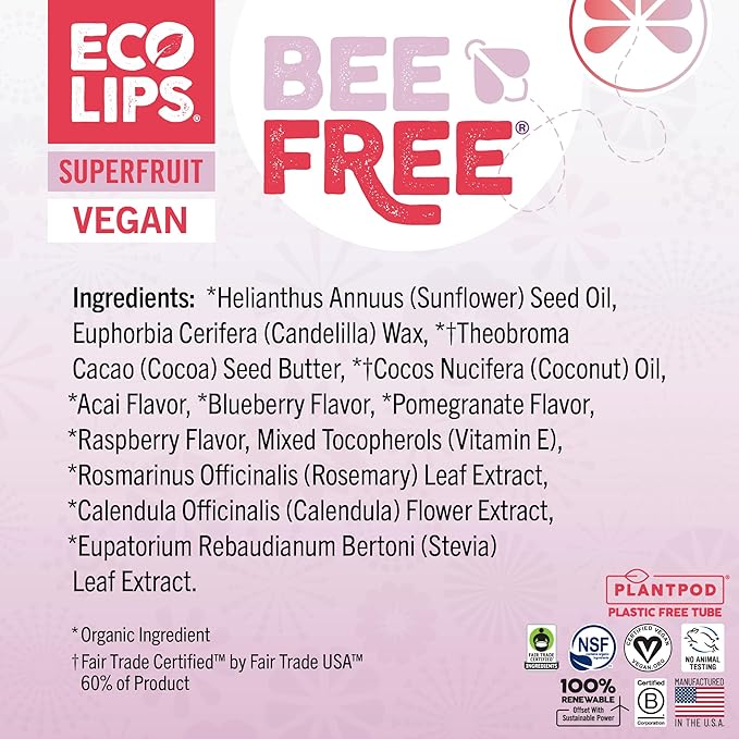 Eco Lips Vegan Superfruit Bee Free Lip Balm Includes Candelilla Wax, Organic Cocoa Butter and Coconut Oil. 100% Plastic-Free Plant Pod Packaging. 3-Pack-Velvo Beauty