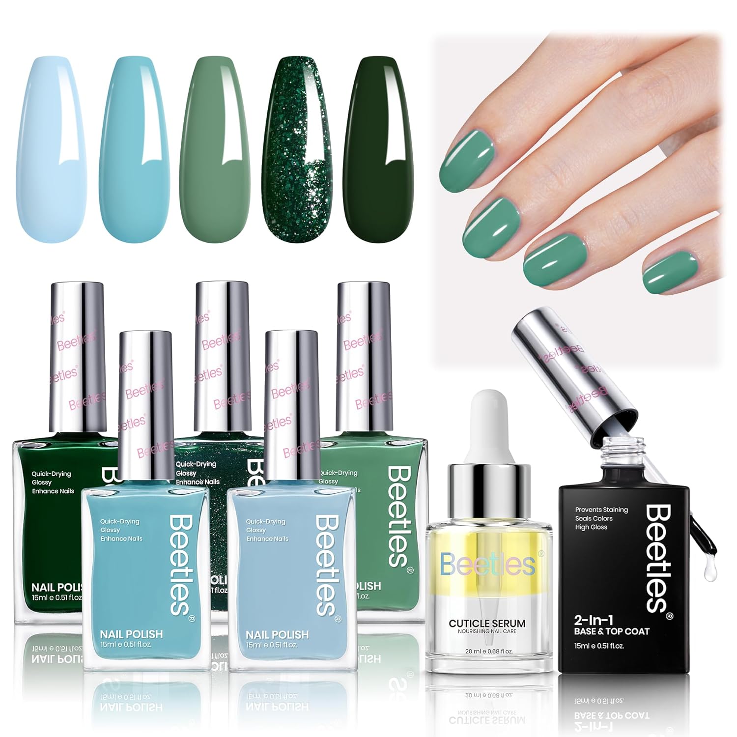 Beetles Green Nail Polish Set, 7 Pcs 5 Colors Light Green Blue Fingernail Polish, Cuticle Oil with 2IN1 Base&Top Coat Long Lasting Quick Dry Nail Polish Gfit Sets For Women-Velvo Beauty