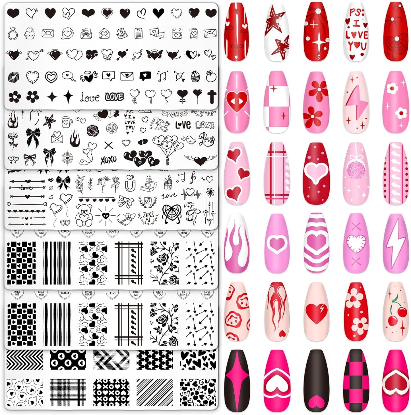 Whaline 6Pcs Happy Valentine Nail Plates Stamping Set Love Heart Stamp Templates Nail Art Plates for DIY Print Manicure Salon Design-Velvo Beauty