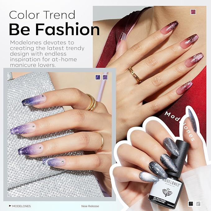 modelones Cat Eye Gel Nail Polish Set, 6 Colors 9D Glassy Cat Eye Glitter Gel Polish Black Red Purple Blue Silver Brown Nail Polish All Seasons with Magnet Soak Off Led DIY Salon Gift-Velvo Beauty