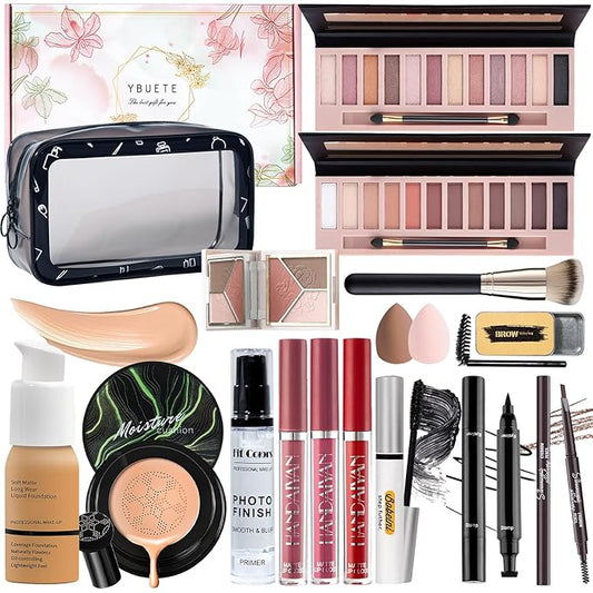 Makeup Set Kit for Women Full Kit, Makeup Present for Women Teen Girl, Eyeshadow Foundation CC Cream Face Primer Brush 3 in 1 Palette Lip Gloss, Eyebrow Soap Mascara Eyeliner Makeup bag-Velvo Beauty