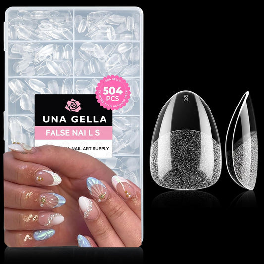 UNA GELLA Extra Short Almond Nail Tips Full Cover 504PCS Gel Nail Tips Short Almond Shaped Nails Tips Soft Gelly Gel Clear Fake Nails Tip for Acrylic Nail Tip Soak Off Home DIY Salon Nails 12 Sizes-Velvo Beauty