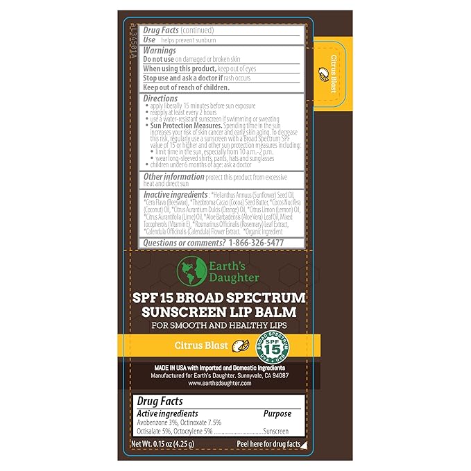 SPF Lip Balm 4-Pack by Earth's Daughter - Lip Sunscreen, SPF 15, Organic Ingredients, Citrus Flavor, Beeswax, Coconut Oil, Vitamin E - Hypoallergenic, Paraben Free, Gluten Free-Velvo Beauty