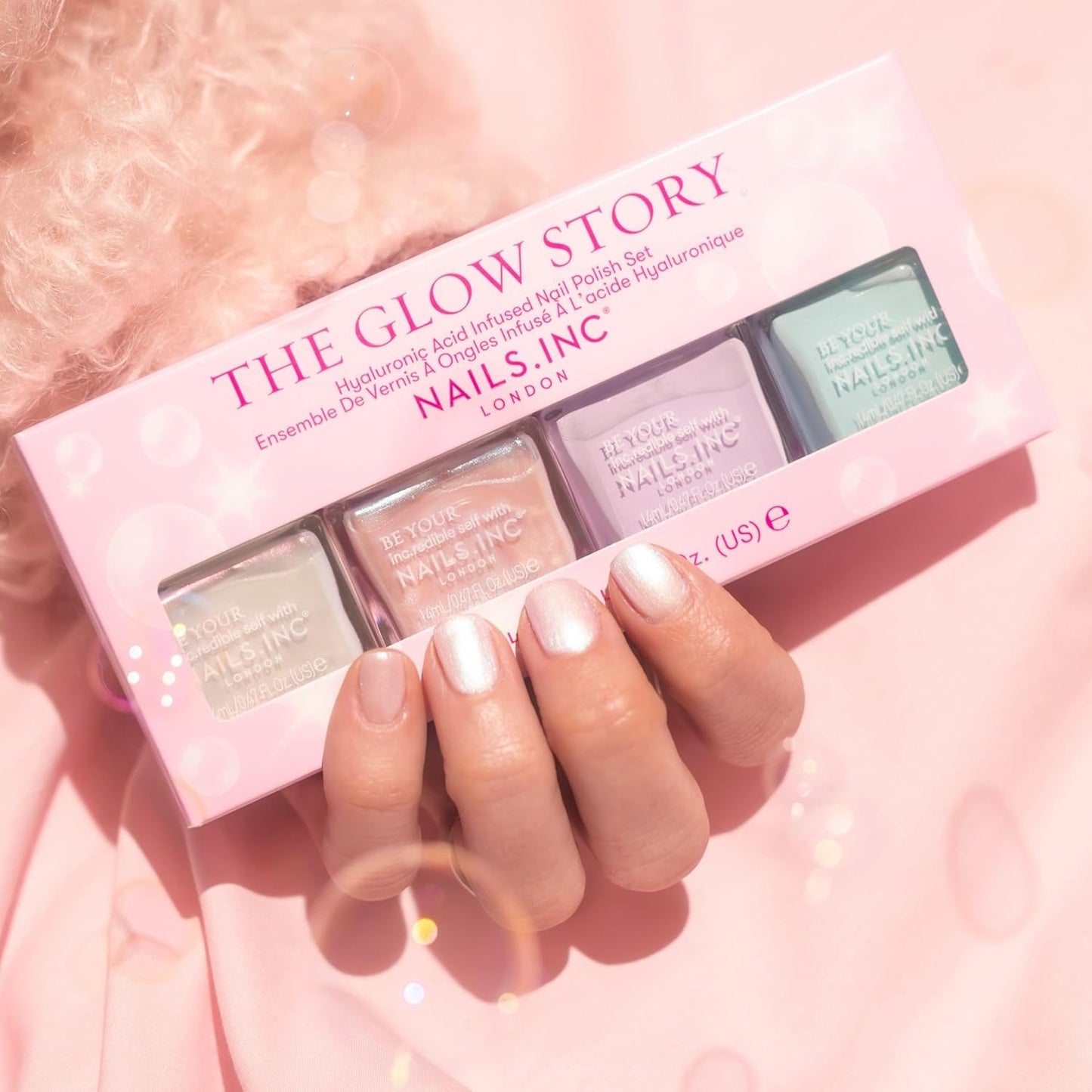 Nails Inc The Glow Story Nail Polish Set, Hyaluronic Acid, Glossy, No Chip, Long Lasting, Quick Dry, Air Dry, Professional Manicures & Pedicures, Fingernails & Toenails, Vegan Nail Polish, 4 Piece Set-Velvo Beauty