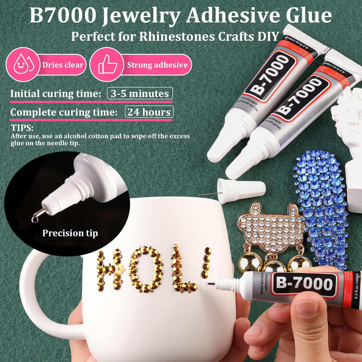 Resin Rhinestones for Crafting with B7000 Jewelry Glue, 1 Box Gold Flatback Crystals with 3Pcs 10ml Glue for Bedazzling Crafts DIY Nail Art Makeup，Non Hotfix Gems for Clothing Shoes-Velvo Beauty