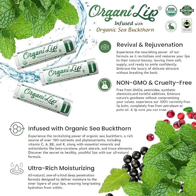 Organic Lip Balm, Spearmint Flavor, Ultra Hydrating Lip Moisturizer for Cracked or Dry Lips, Infused With Organic Sea Buckthorn, Oval Shaped Tube, USDA Certified Organic, 1 Pack-Velvo Beauty