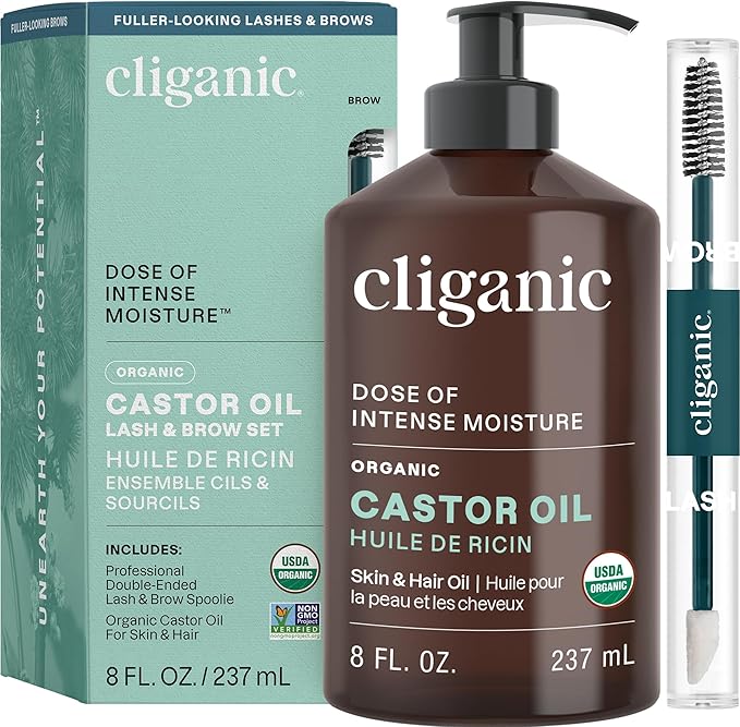 Cliganic Organic Castor Oil, 100% Pure (8oz with Eyelash Kit) - For Eyelashes, Eyebrows, Hair & Skin | Natural Cold Pressed Unrefined Hexane-Free (Packaging May Vary)-Velvo Beauty