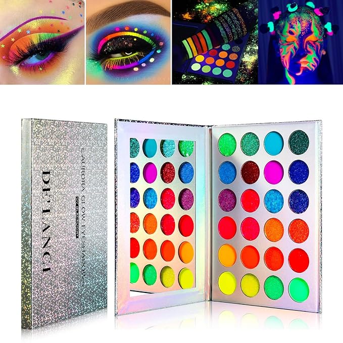 DE'LANCI Neon Eyeshadow Palette Glow in the Dark, Aurora Glow Eyeshadow Pallets Stage, Halloween Christmas Makeup Kit UV Blacklight Matte and Glitter Fluorescent Eye Shadows Highly Pigment-Velvo Beauty