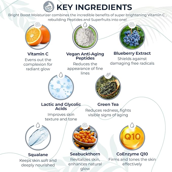 Bright Boost 7 Superfruits Peptide Face Moisturizer with Vitamin C - Gentle Daily Hydrating Luxury Lotion for Radiant Skin - Smooths Fine Lines - Fragrance Free All Skin Types 2oz-Velvo Beauty