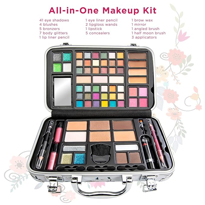 Makeup Kit Gift Set - 41 Eye Shadows, 7 Body Glitters, 1 Lip Liner Pencil, 1 Lipsticks, 4 Blushs, Eye liner pencil, 5 Concealers, 2 Lip Gloss, 5 Bronzers, Mirror-Velvo Beauty