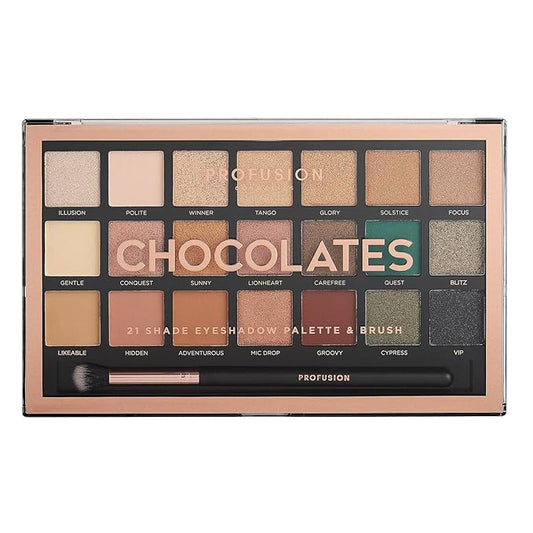 Profusion Cosmetics 21 Shade Eyeshadow Palette Collection & Brush, Chocolates-Velvo Beauty