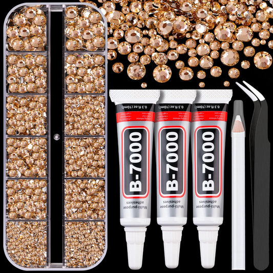 Resin Rhinestones for Crafting with B7000 Jewelry Glue, 1 Box Champagne Flatback Crystals with 3Pcs 10ml Glue for Bedazzling Crafts DIY Nail Art Makeup，Non Hotfix Gems for Clothing Shoes-Velvo Beauty