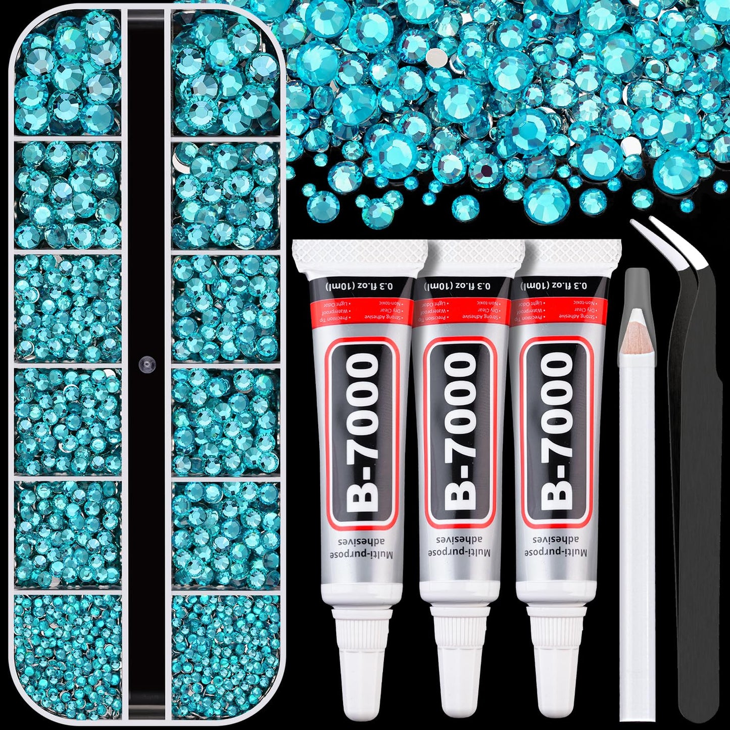 Resin Rhinestones for Crafting with B7000 Jewelry Glue, 1 Box Teal Blue Flatback Crystals with 3Pcs 10ml Glue for Bedazzling Crafts DIY Nail Art Makeup，Non Hotfix Gems for Clothing Shoes-Velvo Beauty