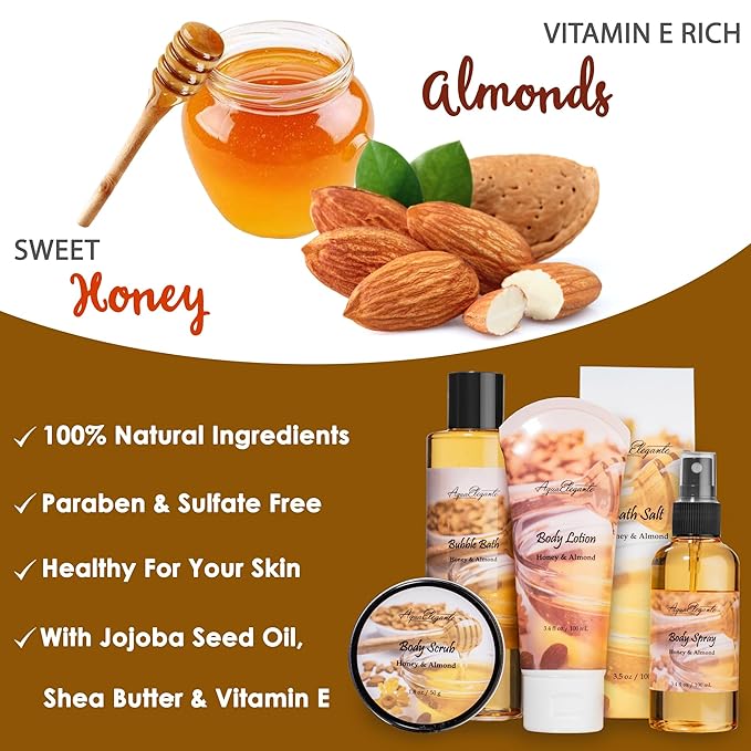 Spa Gift Baskets For Women - Luxury Bath Set With Honey & Almond - Spa Kit Includes Body Wash, Bubble Bath, Lotion, Bath Salts, Body Scrub, Body Spray, Shower Puff, and Towel-Velvo Beauty