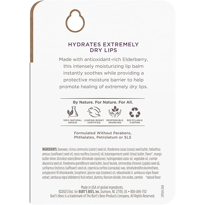 Burt's Bees Rescue Balm Elderberry Lip Balm, With Antioxidant-Rich Elderberry, Tint-Free, Natural Origin Lip Care, 2 Tubes, 0.15 oz.-Velvo Beauty