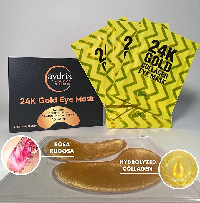 24K Gold Under Eye Mask Treatment - Corrects Puffy Eyes, Dark Circles - Reduces Wrinkles, Fine Lines and Hydrates Your Skin - 15 Golden Eye Mask Pairs-Velvo Beauty