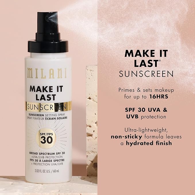 Milani Make It Last Sunscreen - Sunscreen Setting Spray with SPF 30 - Makeup Primer and Setting Spray with SPF30 Sunscreen, Long Lasting Makeup Finishing Spray-Velvo Beauty