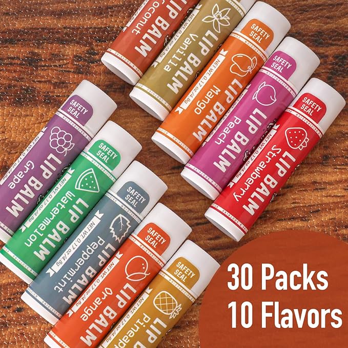 AZEN 30 Pack Lip Balm, Natural Lip Balm Bulk, Lip Care Product, Moisturizing Lip Balm for dry cracked lips - 10 Flavors-Velvo Beauty