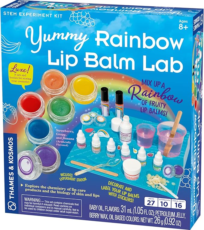 Thames & Kosmos Yummy Rainbow Lip Balm Lab STEM Kit | Make Lip Balms, Glosses | Strawberry, Grape, Banana Flavors & Cosmetic Jars | Chemistry & Biology of Skin Care | 2-Language (EN/FR)-Velvo Beauty