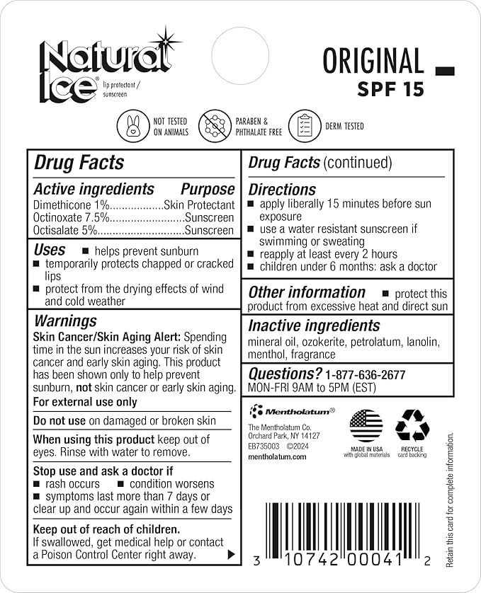 Mentholatum Natural Ice Lip Balm Original SPF 15 1 Each ( Packs of 48), 0.16 Ounce (Pack of 48)-Velvo Beauty