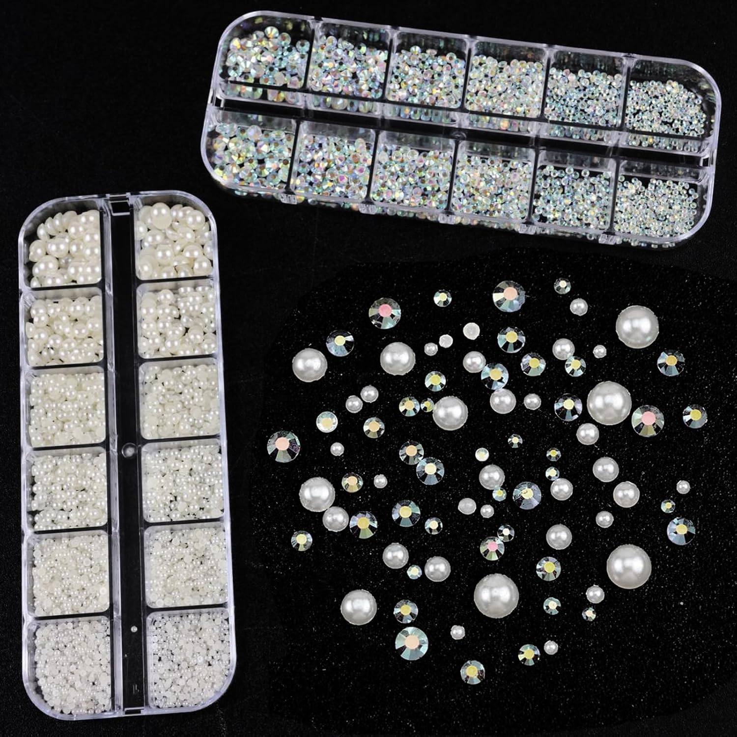 Nail Art Pearls Rhinestones with Glue Gel Flatback Cream Pearls AB Rhinestones Nail Charms Mixed Size 0.04-0.2in Nails Gems Pearl Accessories for Women Nails Design Decoration-Velvo Beauty