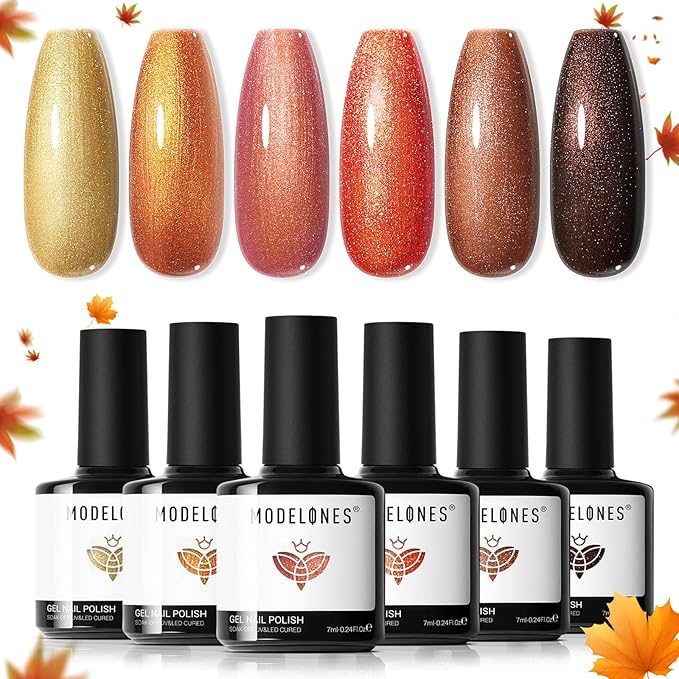modelones Chameleon Gel Nail Polish Set, 6 Colors Fall Gel Polish Kit Glitter Shimmer Brown Orange Yellow Soak Off LED Nail Lamp Home Gift DIY Salon For Women Girl-Velvo Beauty