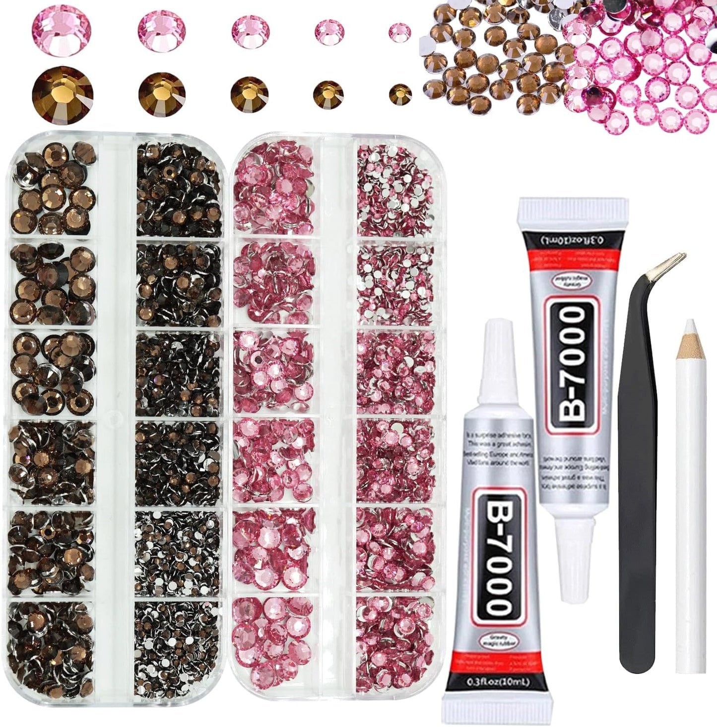 Brown And Pink Rhinestones with Glue(S8-S30) for Bedazzling,2mm-6mm Non-Hotfix Flatback Nail Gems Beads with B7000, Resin Nail GemsStones Diamond Kit for Bedazzle Crafting, Nails DIY Art Decoration-Velvo Beauty