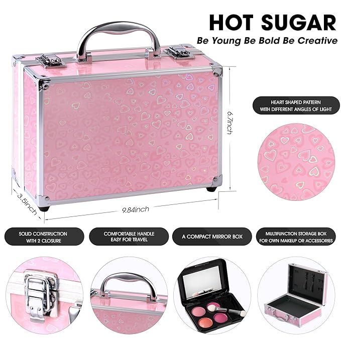 Hot Sugar Makeup Kit for Teenager Girls - Full Starter Cosmetics Set with Eye Shadow Lip Balm Blush Lip Gloss Brush Lip Pencil Eye Pencil and Mirror (Pink Love)-Velvo Beauty