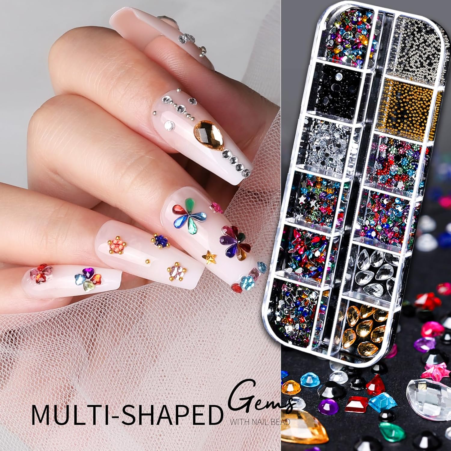 Teenitor Nail Charms Nail Gems with 15 Sheets Gold Nail Stickers, 6 Boxes of Rhinestones for Nails Art Tools, 3D Nail Decals Pearls for Nails-Velvo Beauty