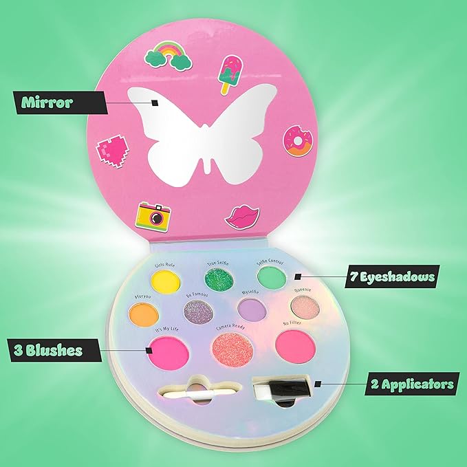 Expressions Selfie Queen Glisten & Glitter Makeup Palette 10 Color Eyeshadow Palette & Blush Makeup Novelty Beauty Set, Fold Out Compact with Mirror, Cute Makeup Kit Gifts - Washable, Non-Toxic-Velvo Beauty