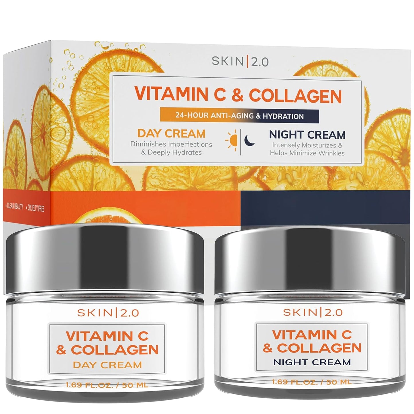 Vitamin C & Collagen Day & Night Face Moisturizer Cream - Dermatologist Tested, Brightening, Anti-Aging, Clean Beauty, Cruelty-Free Korean Skincare for All Skin Types - 1.69 oz (2-Pack)-Velvo Beauty
