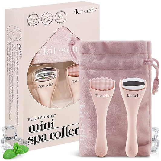 Kitsch Mini Facial Roller & Ice Face Roller Skin Care Tool Set for Women - Face Massager for Puffy Eyes, Cold Therapy, Lymphatic Drainage Massager, Self Care Gifts for Women & Men - Blush-Velvo Beauty