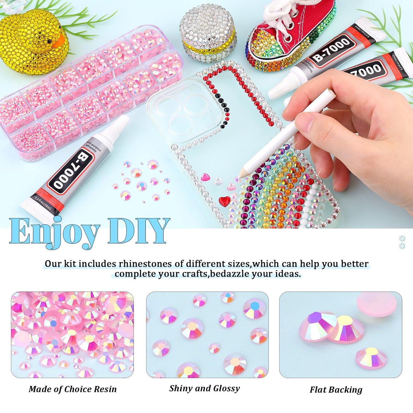 6000Pcs Resin Rhinestones for Bedazzling with 3Pcs B7000 Jewelry Glue, 1 Box Light Pink AB Flatback Rhinestones for Crafting Crafts DIY, Crystals Gems for Clothing Shoes Tumblers Nail Art Makeup-Velvo Beauty