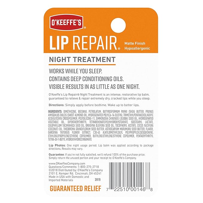 O'Keeffe's Lip Repair Night Treatment Lip Balm, 0.25 Ounce Jar, (Pack of 1)-Velvo Beauty
